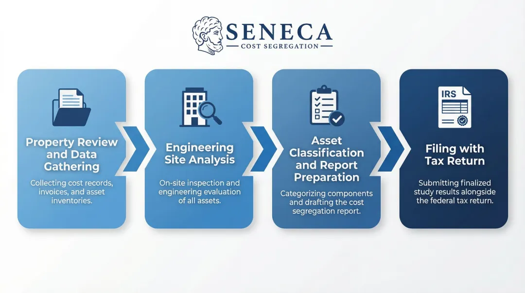 4-step cost segregation study process from data gathering to tax return filing