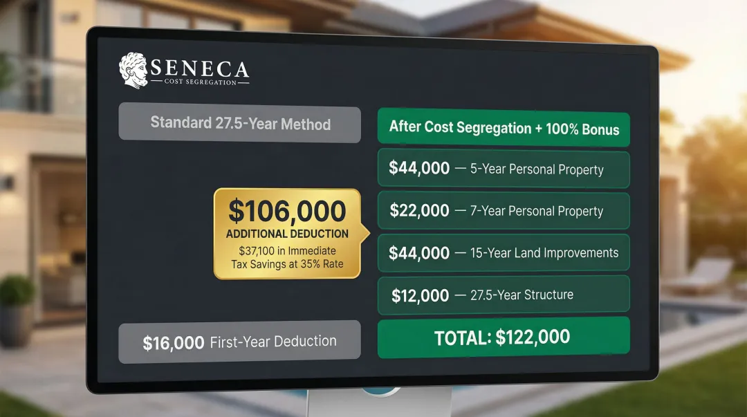 Standard versus cost segregation first-year depreciation deduction side-by-side dollar comparison
