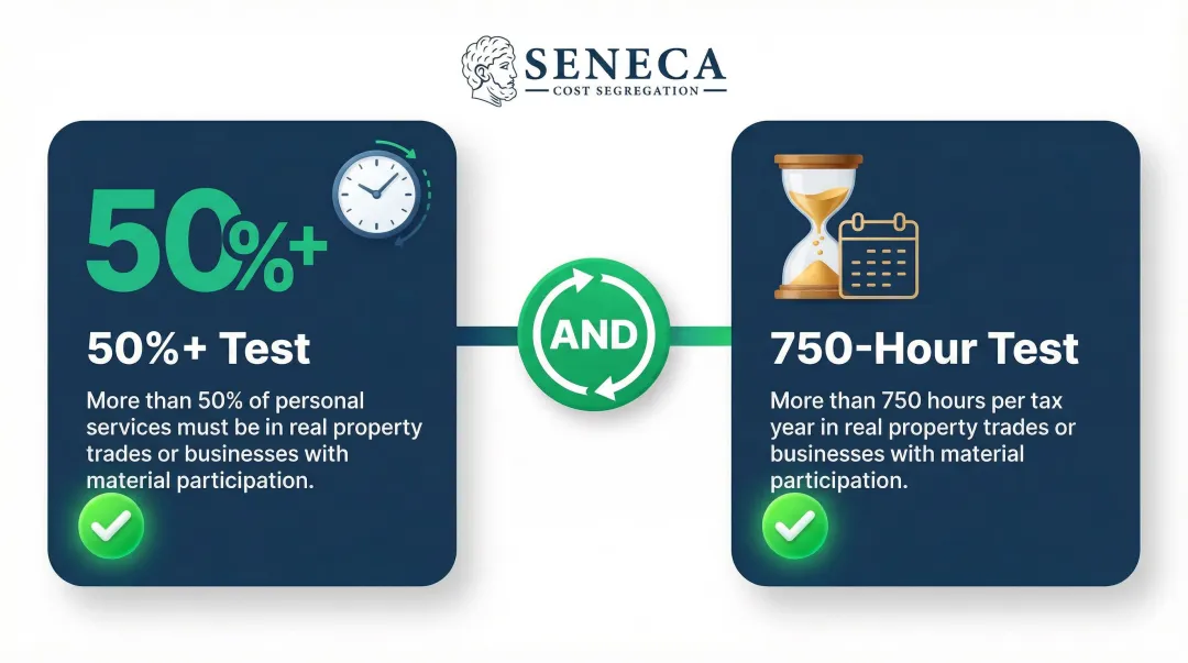 Real estate professional IRS qualification two-part test criteria checklist infographic