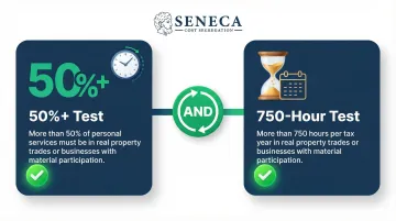 Real estate professional IRS qualification two-part test criteria checklist infographic