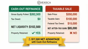 BRRRR refinance versus property sale side-by-side tax outcome comparison infographic