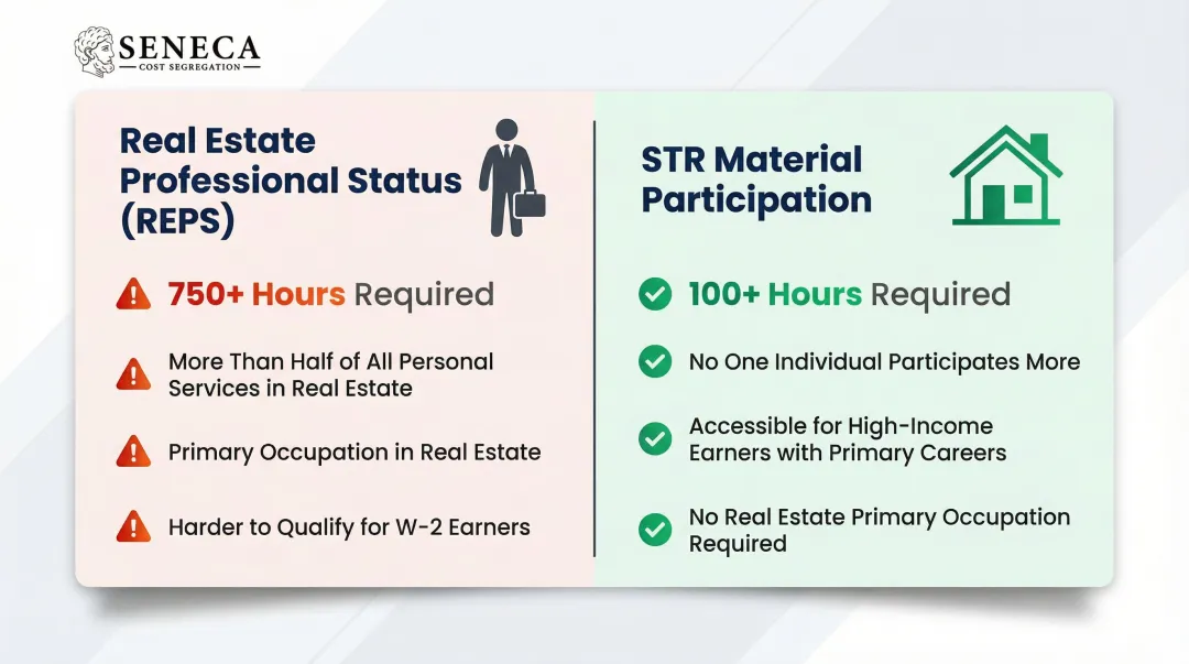 Real estate professional status versus STR material participation requirements side-by-side comparison