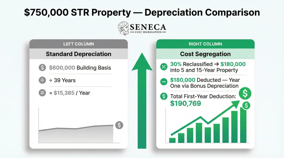 Standard depreciation versus cost segregation first-year deduction comparison infographic