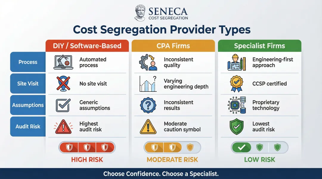 Three cost segregation provider types comparison DIY CPA specialist firm quality and audit risk