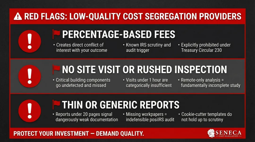 Cost segregation red flags warning signs percentage fees no site visit thin reports IRS scrutiny
