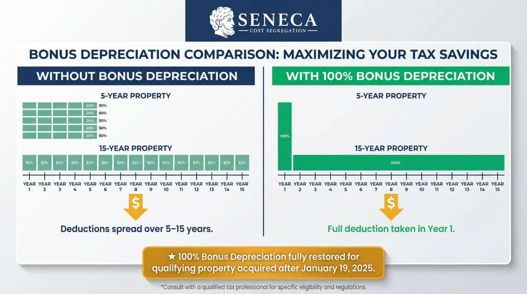 Bonus depreciation versus no bonus depreciation year-one deduction impact comparison