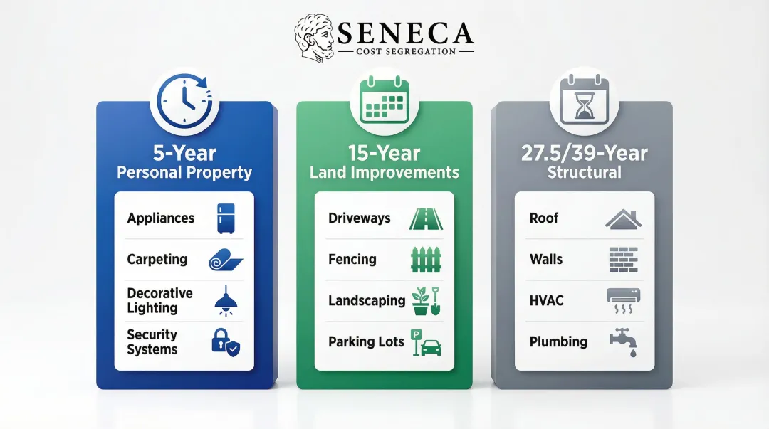 Three-tier cost segregation asset classification breakdown by depreciation schedule