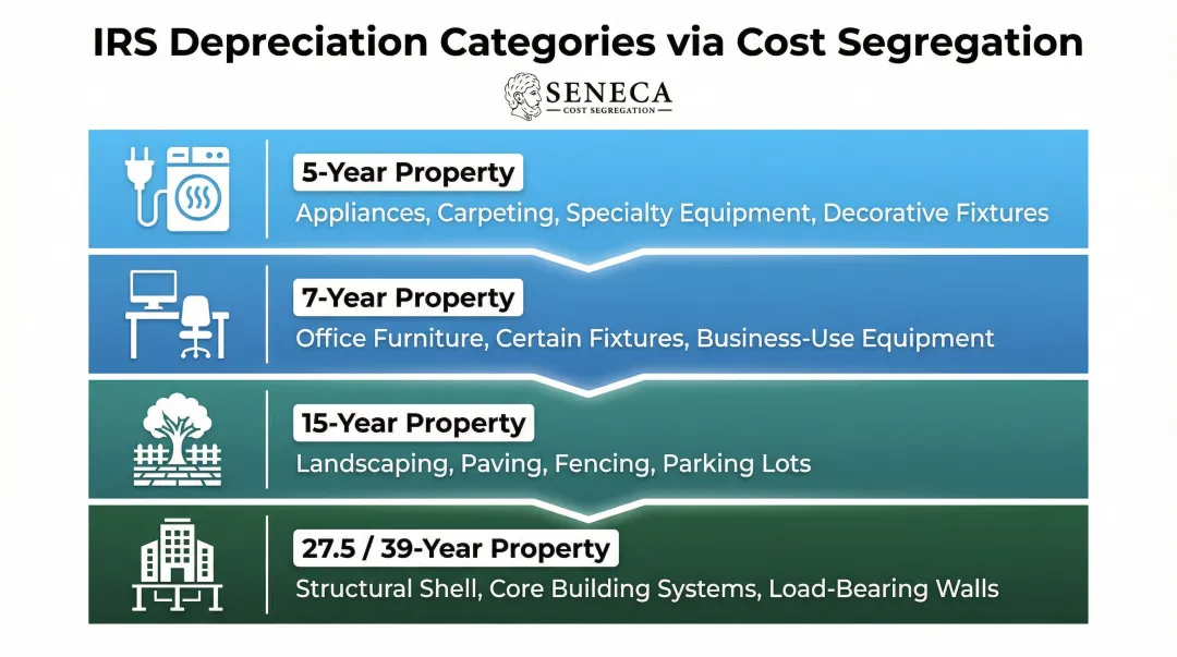 Cost segregation asset classification four-tier depreciation schedule breakdown infographic