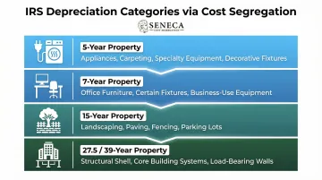 Cost segregation asset classification four-tier depreciation schedule breakdown infographic