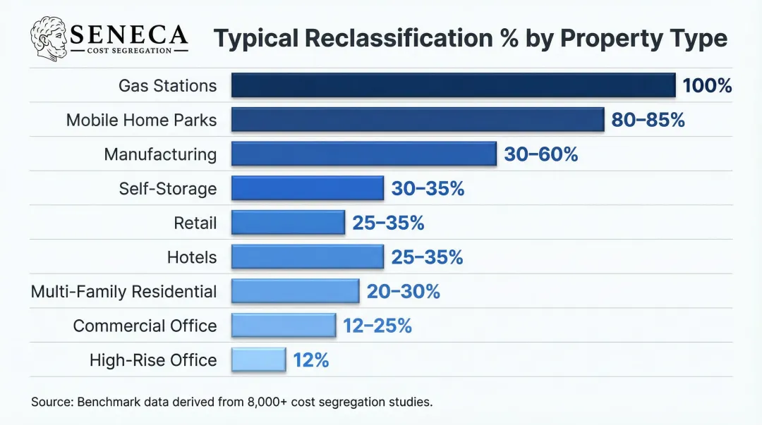 Cost segregation reclassification percentage by property type comparison bar chart