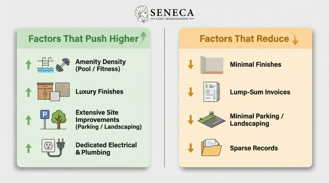 Four key factors that increase or decrease multifamily cost segregation reclassification percentage