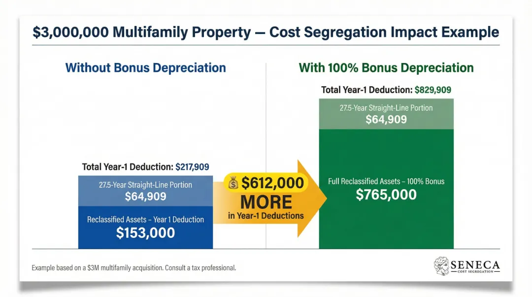 Cost segregation with versus without 100% bonus depreciation first-year deduction comparison infographic