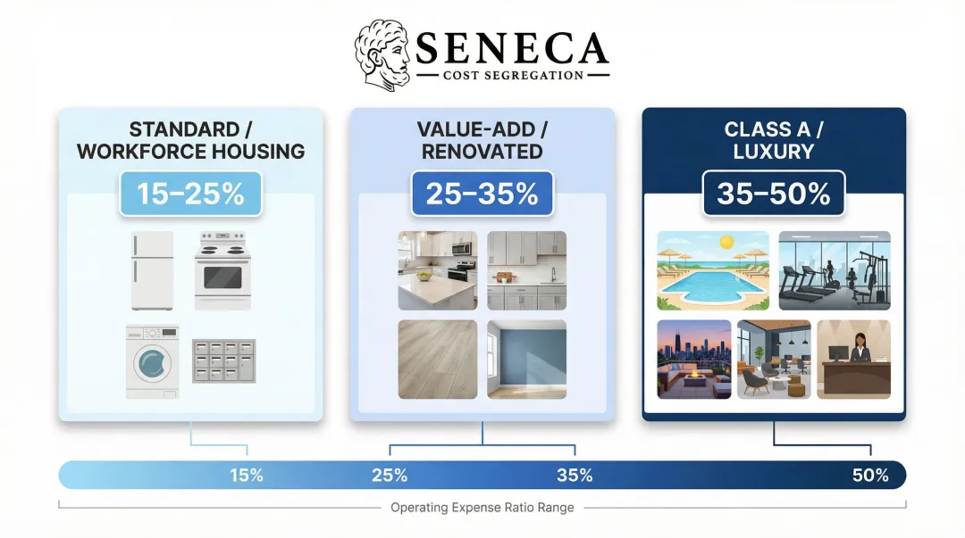 Three multifamily property subtypes and cost segregation reclassification percentage ranges comparison