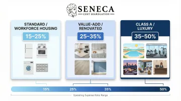 Three multifamily property subtypes and cost segregation reclassification percentage ranges comparison