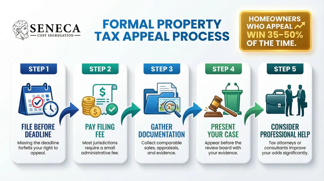 Five-step property tax assessment formal appeal process flow diagram