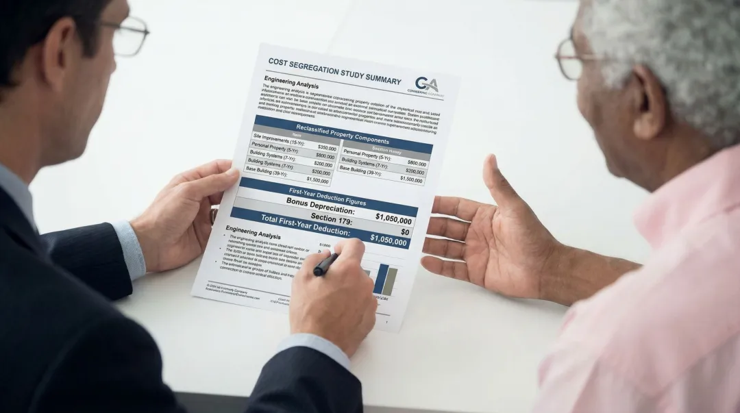 Seneca Cost Segregation engineering study report showing first-year federal tax deduction results