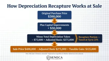 Rental property depreciation recapture tax calculation breakdown infographic