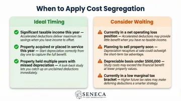 Cost segregation timing ideal scenarios versus situations requiring adjustment comparison infographic