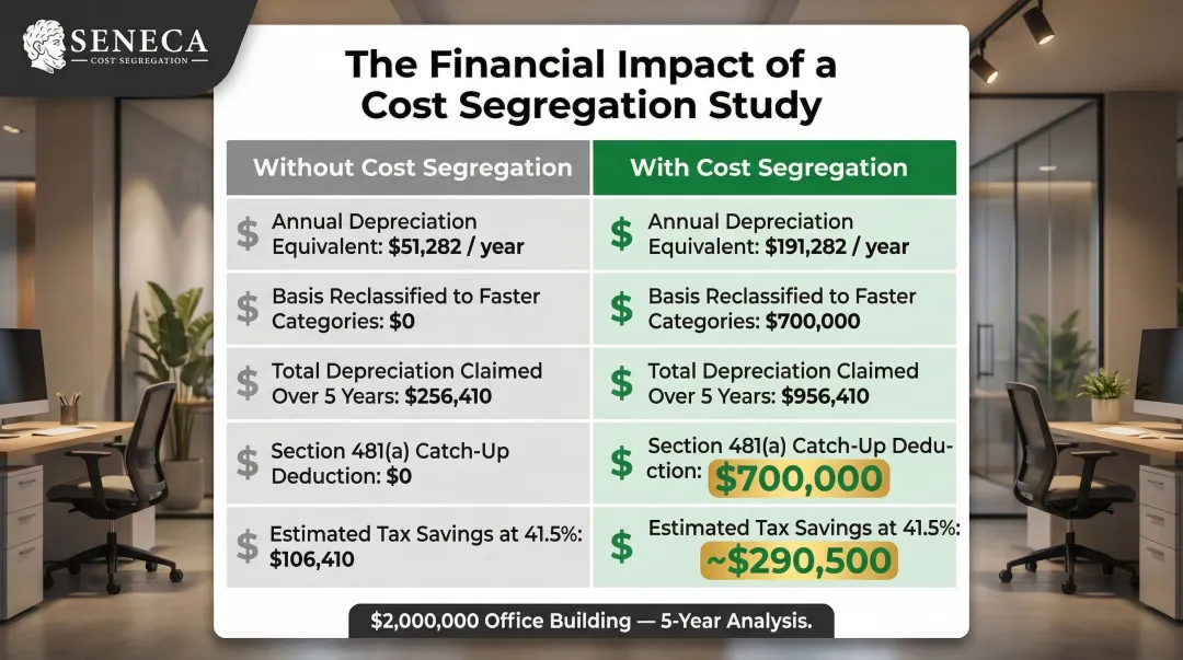 Cost segregation versus no cost segregation five year depreciation comparison table infographic