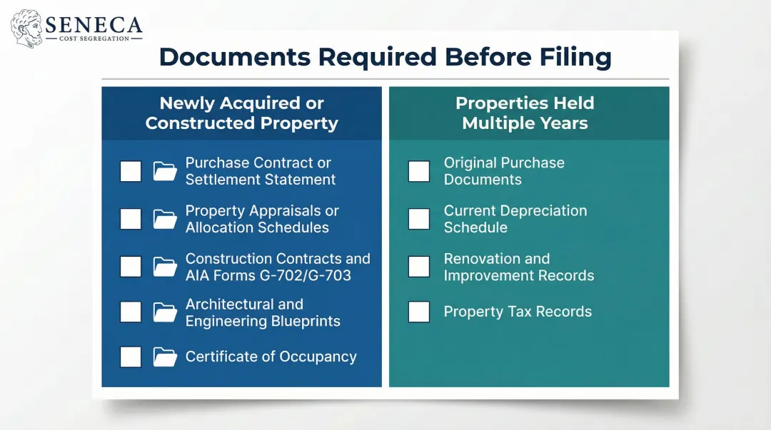 Cost segregation required documents checklist new property versus existing property comparison