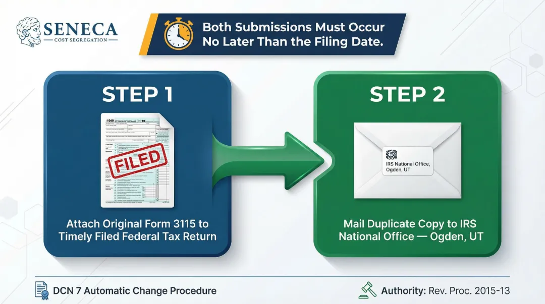 Form 3115 filing process two-step submission infographic for cost segregation method change