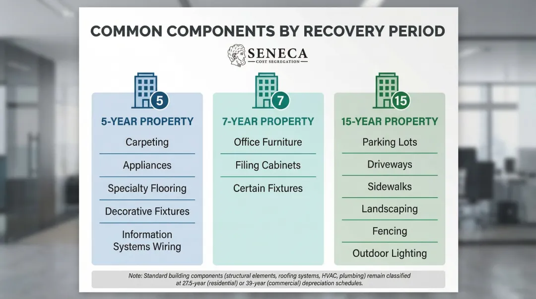 Cost segregation component recovery periods 5-year 7-year and 15-year classification table
