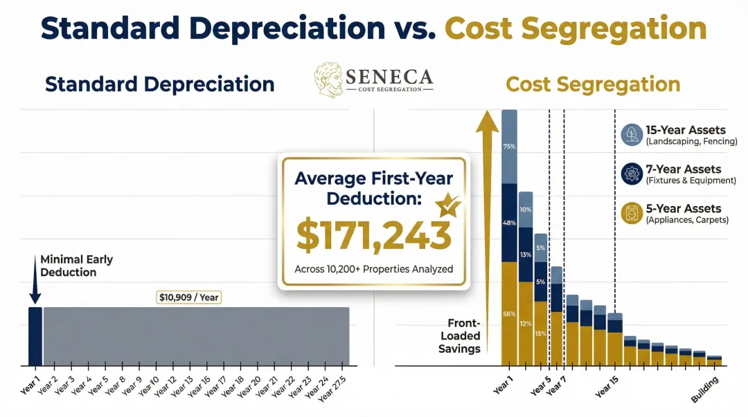 Cost segregation depreciation timeline showing standard versus accelerated deduction schedule