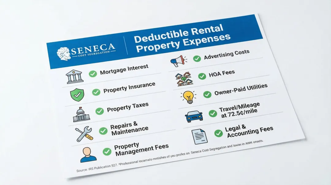 Complete rental property deductible expenses checklist infographic with ten categories