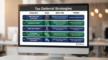 Five real estate tax deferral strategies comparison chart with timing and property type