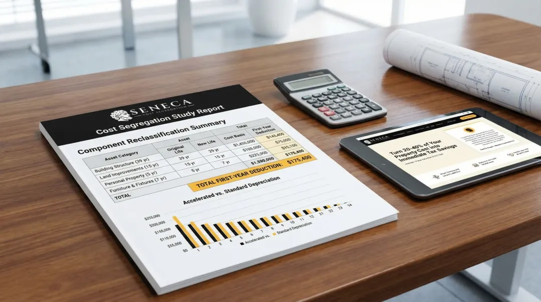 Seneca Cost Segregation study report showing first-year deduction results for rental property