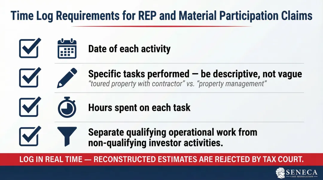 Rental property time log recordkeeping requirements checklist for IRS material participation proof