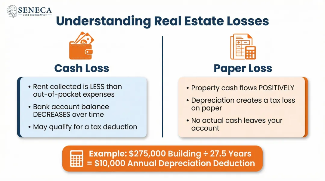 Cash loss versus paper loss rental property comparison infographic with depreciation example