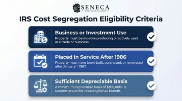 Three IRS eligibility criteria for cost segregation qualification infographic