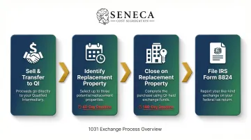 4-step 1031 exchange process flow from sale to IRS Form 8824 filing