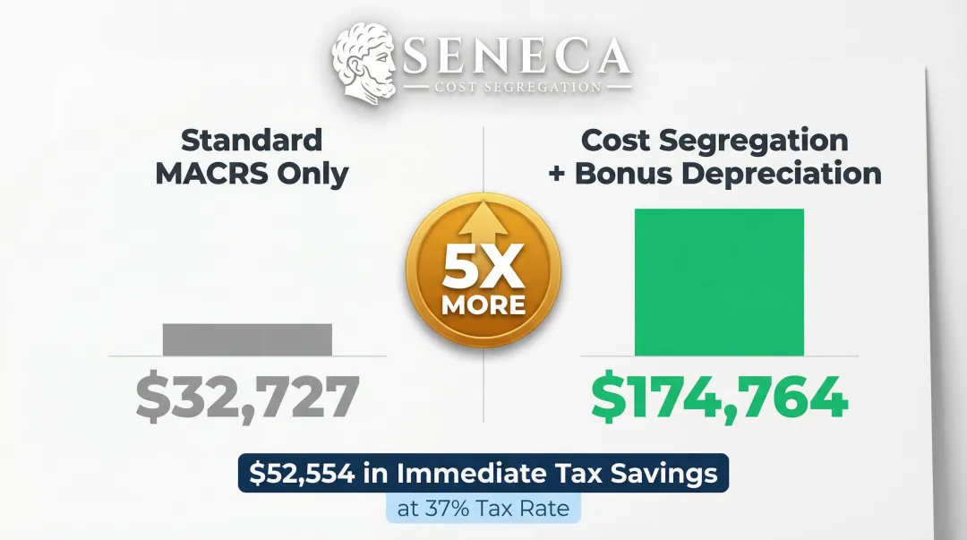 Cost segregation versus standard depreciation first-year deduction savings comparison chart
