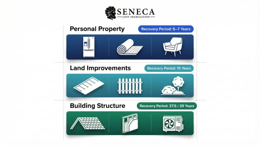 Real estate depreciation property categories recovery periods comparison infographic