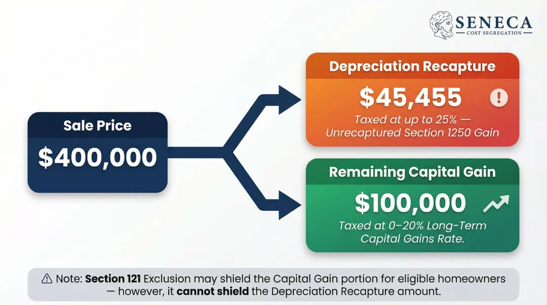Depreciation recapture versus capital gains tax calculation breakdown at property sale