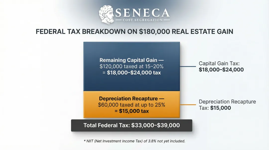 Depreciation recapture versus capital gains tax layered breakdown on investment property sale