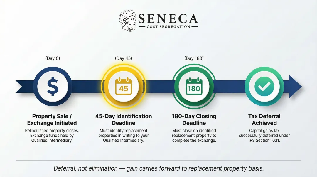 1031 exchange timeline showing 45-day identification and 180-day closing deadlines