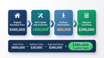 Step-by-step investment property capital gains calculation example with adjusted cost basis