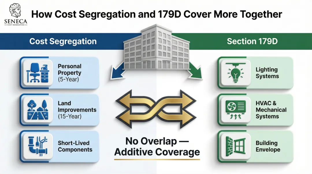 Cost segregation versus Section 179D building component coverage comparison infographic