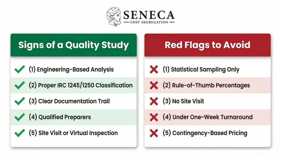Cost segregation study quality checklist versus red flags side-by-side comparison chart