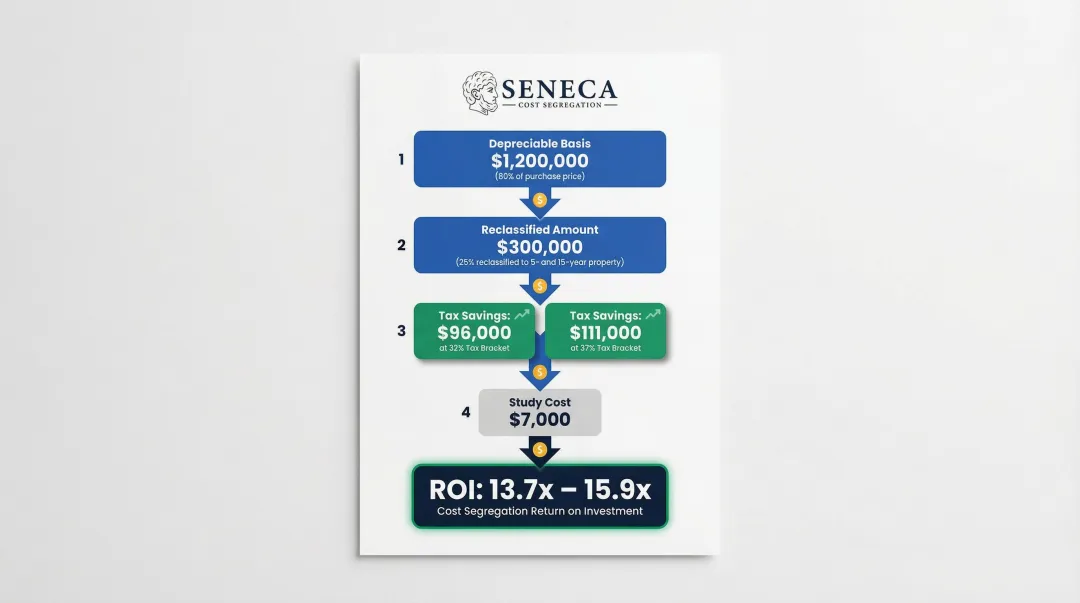 Cost segregation ROI calculation breakdown showing first-year tax savings example