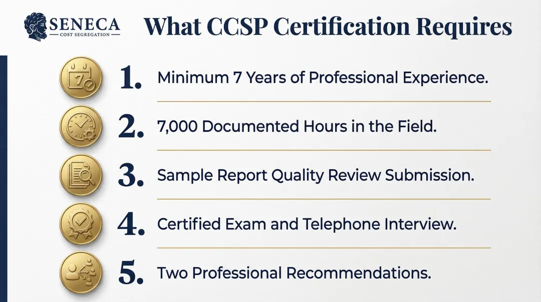 CCSP certification five requirements process infographic for cost segregation professionals