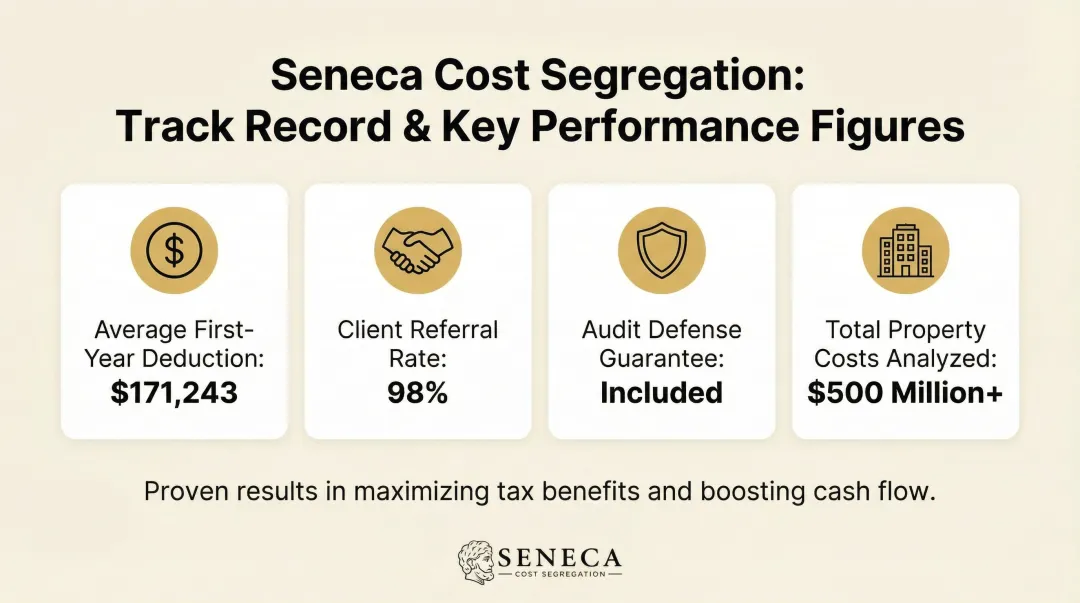 Seneca Cost Segregation key performance metrics and track record statistics dashboard