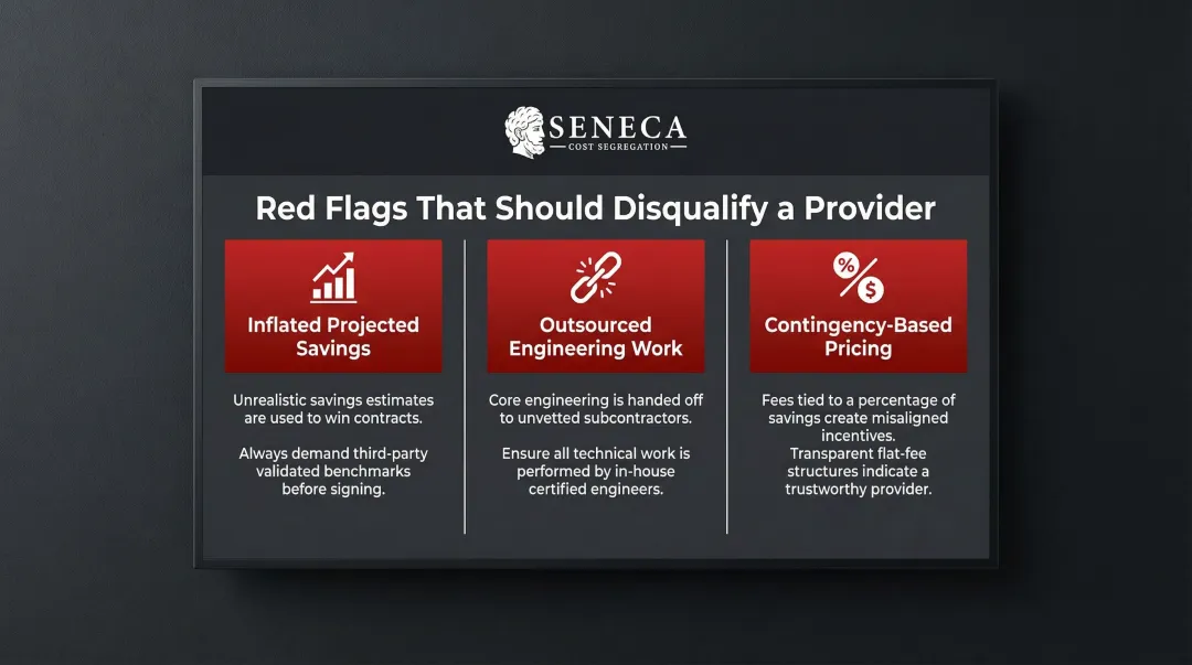 Three cost segregation provider red flags warning signs comparison infographic