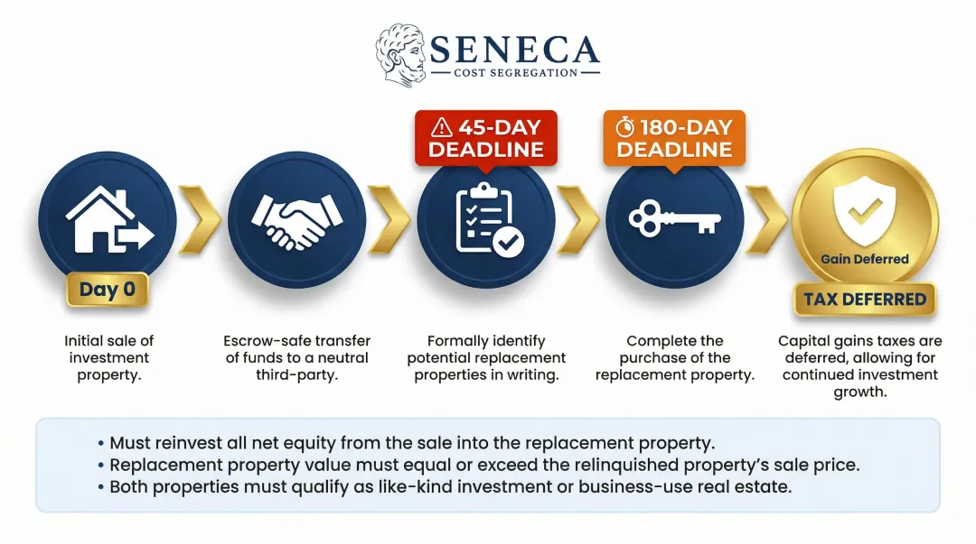 1031 exchange process timeline showing 45-day and 180-day IRS deadlines