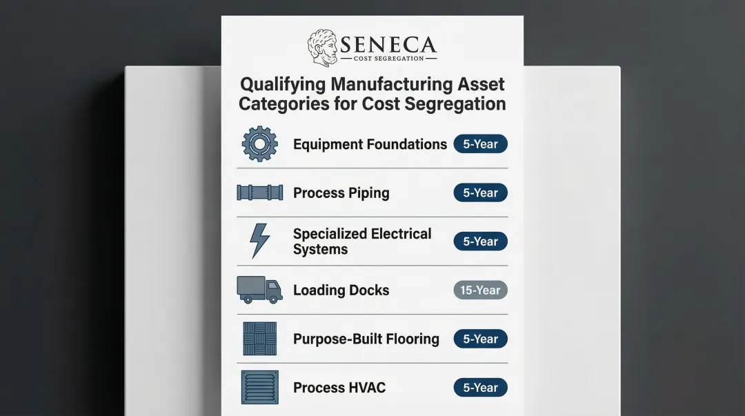 Manufacturing facility qualifying cost segregation asset categories with depreciation class icons