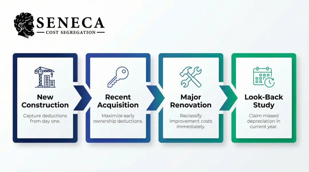 Four ideal cost segregation timing scenarios from new construction to look-back study