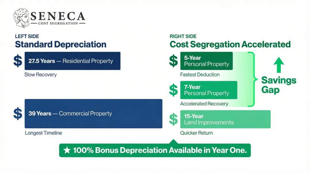 Cost segregation depreciation timeline comparing 5 7 15 versus 27.5 39 year schedules